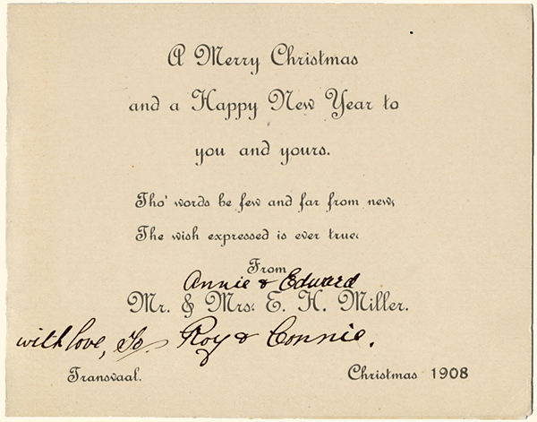 Christmas card from Edward and Annie Miller, 1908