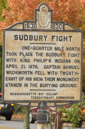 Historical marker commemorating the Battle of Sudbury in 1676