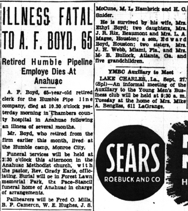 Obituary of Ethel Maude Miller Boyd, wife of Arthur Franklin Boyd.