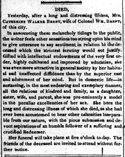 Obituary of Catherine Walker Johnson Brent, 1822, Washington D.C.