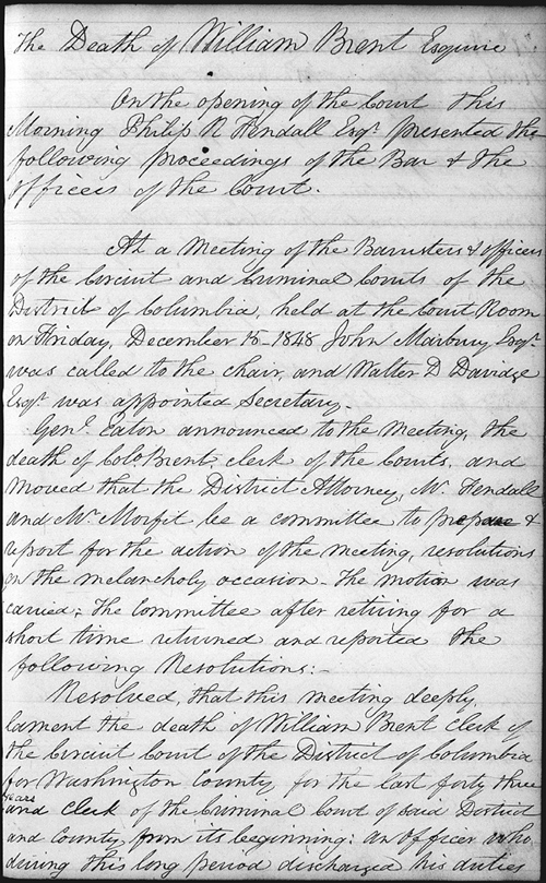 December 15, 1848, resolution by the Circuit Court in memory of William Brent Esq. who died the day before