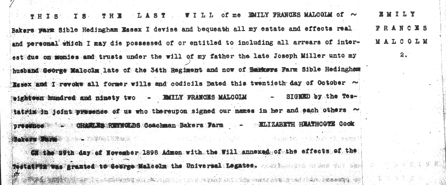 will of Emily Frances Miller Malcolm, 1892