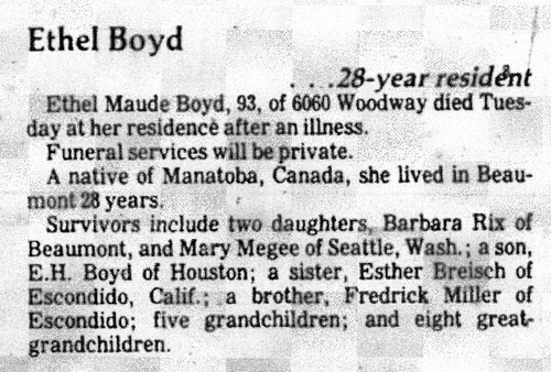 Obituary of Ethel Maude Miller Boyd, wife of Arthur Franklin Boyd.