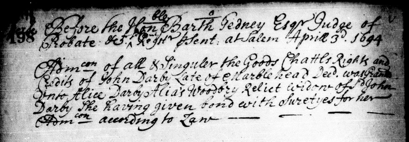 probate record of John Darby, Essex County, Massachusetts