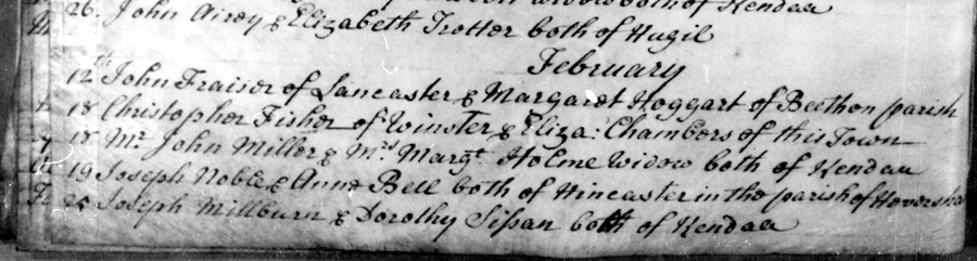 Record of marriage: John Miller & Margaret Holme, 1739, Kendal.