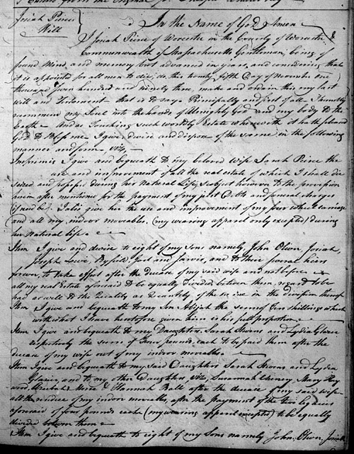will of Josiah Peirce of Worcester