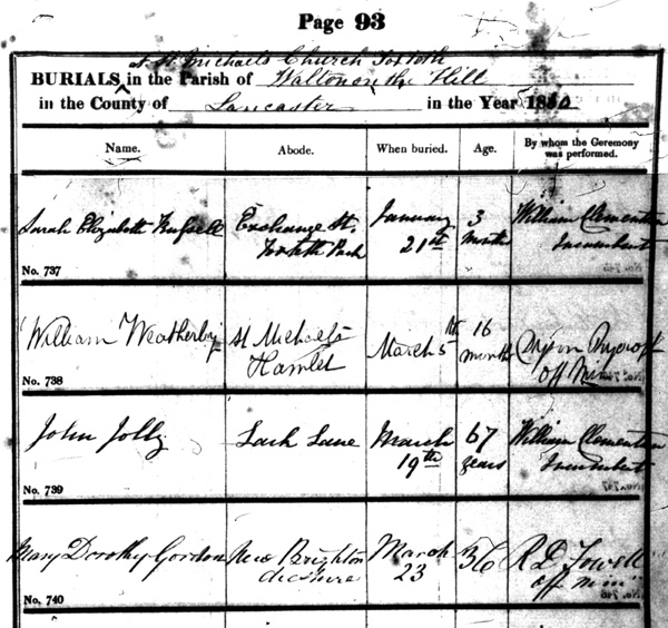burial record of Mary Dorothy Miller Gordon, 1860, Liverpool