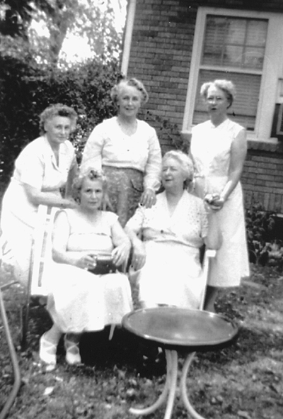 The Miller sisters reunion in Tulsa, OK, 1943, at Esther Breisch's home. Standing, L-R: Nina Wilson, Ethel Boyd, Connie Baker, sitting: Esther Breisch, left, and Lucy Healy, right.