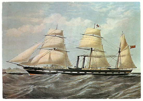 the ss Antelope steamship of the 1850s, one of the ships of the Millers & Thompson Golden Line of packets going to Australia during their gold rush.