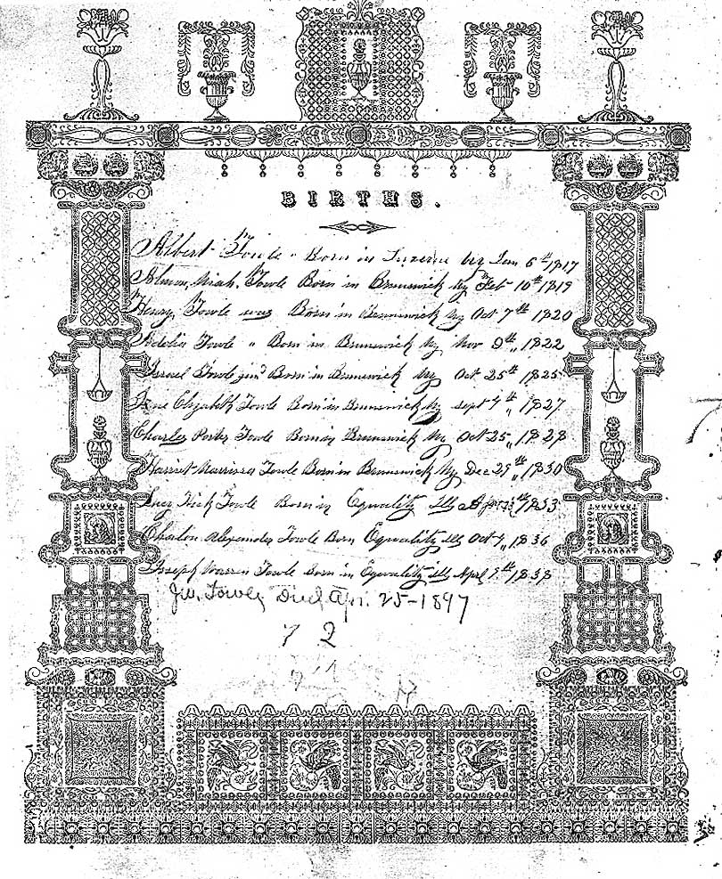 Israel Day Towle and Eliza Peirce Towle family Bible - births