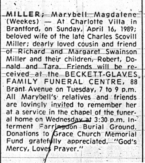 Obituary of Marybell Weekes Miller, wife of Charles Scovell Miller.