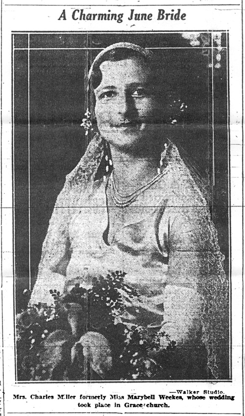 Newspaper notice of wedding of Marybell Weekes and Charles Scovell Miller, photo of Marybell.