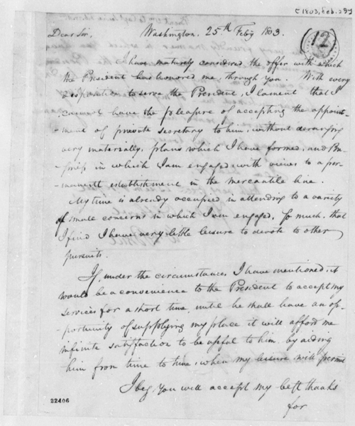 Letter from William Brent, 1775-1848, to Meriwether Lewis, 25 Feb 1803