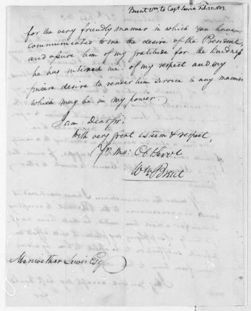 Letter from William Brent, 1775-1848, to Meriwether Lewis, 25 Feb 1803