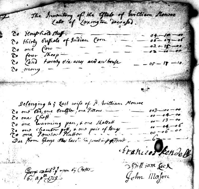 Inventory of estate of William Munroe, Lexington, Massachusetts, 1719