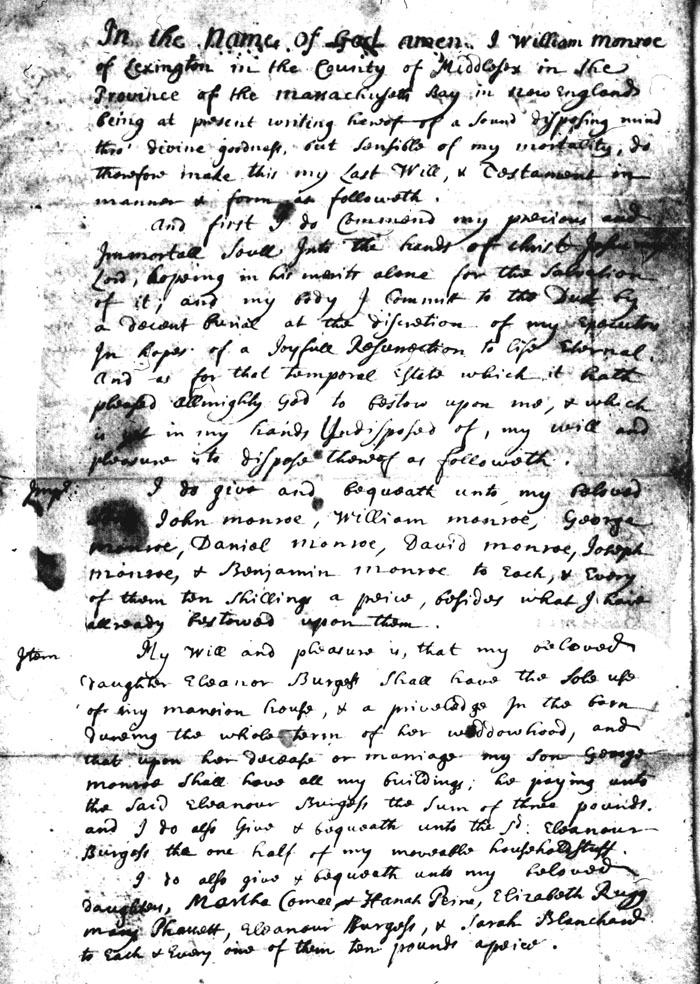 Will of William Munroe, Lexington, Massachusetts, 1716